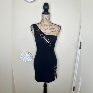 NTM: DO+BE One Shoulder Bodycon Cut Out w/ Metallic Chains Black Mini Dress Sz S
